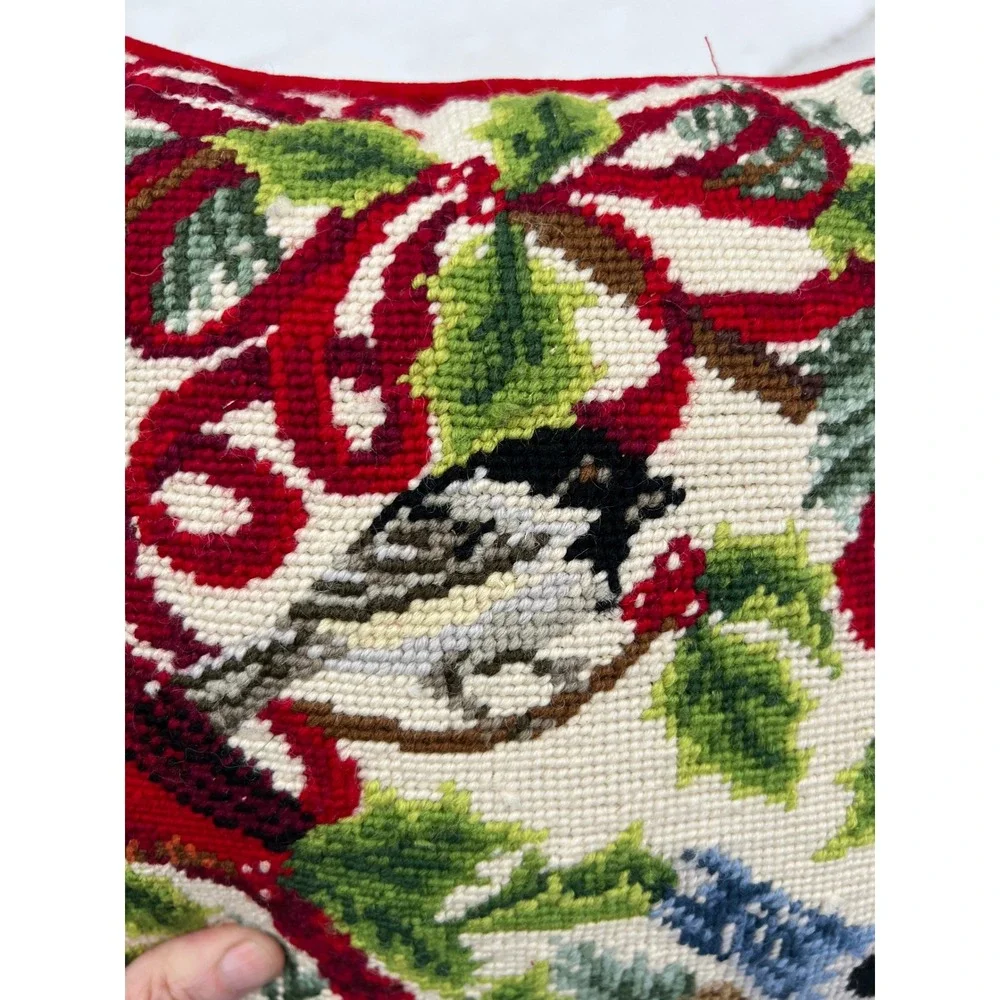 Vintage Needlepoint Christmas Bird Pillow Cardinal Chickadee Blue Jay Red Velvet